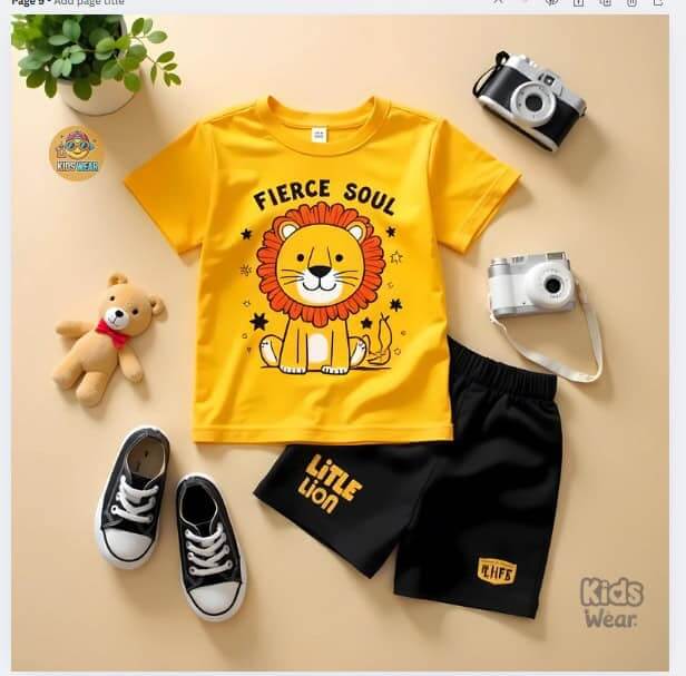 Bright yellow kids' lion T-shirt with "Fierce Soul" print, perfect for boys and girls.