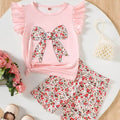 Pink girl's T-shirt with floral bow design, ruffled sleeves, perfect for casual wear.